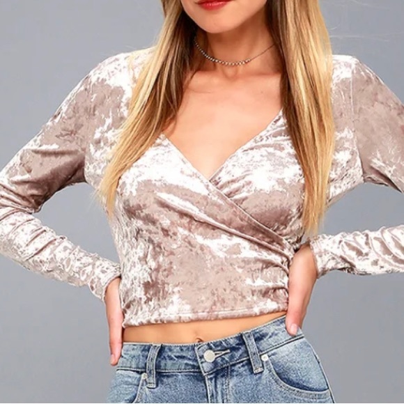Lulus Wrap It Up Taupe Velvet Long Sleeve Wrap Top SZ M - Picture 1 of 6
